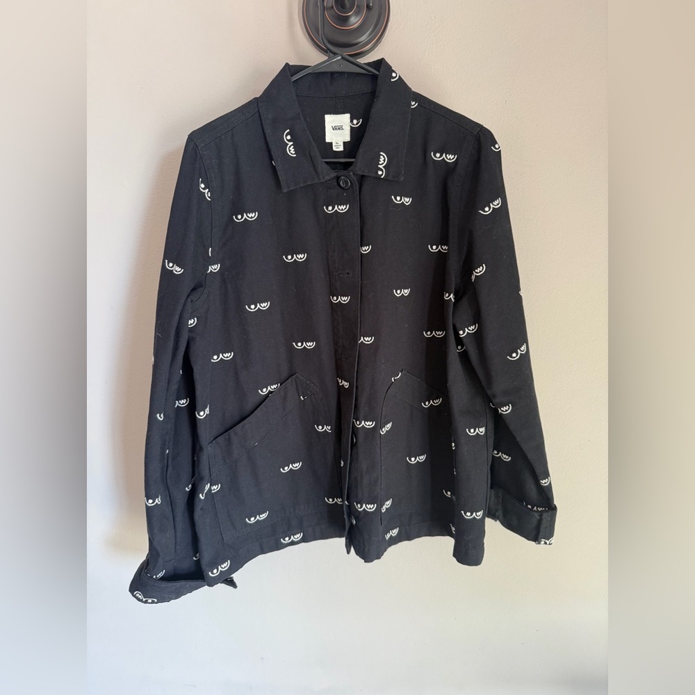 Vans Womens‎ XL Black Canvas Eye Print Chore Jacket Button Front Utility Coat